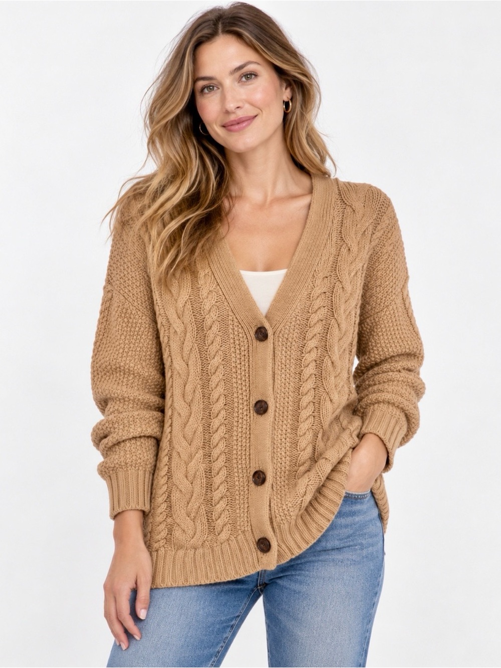 Quince Organic Cotton Chunky Cable Knit Button Cardigan Camel Tan XS